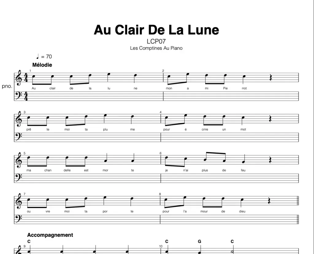 partition de piano facile : Au clair de la lune